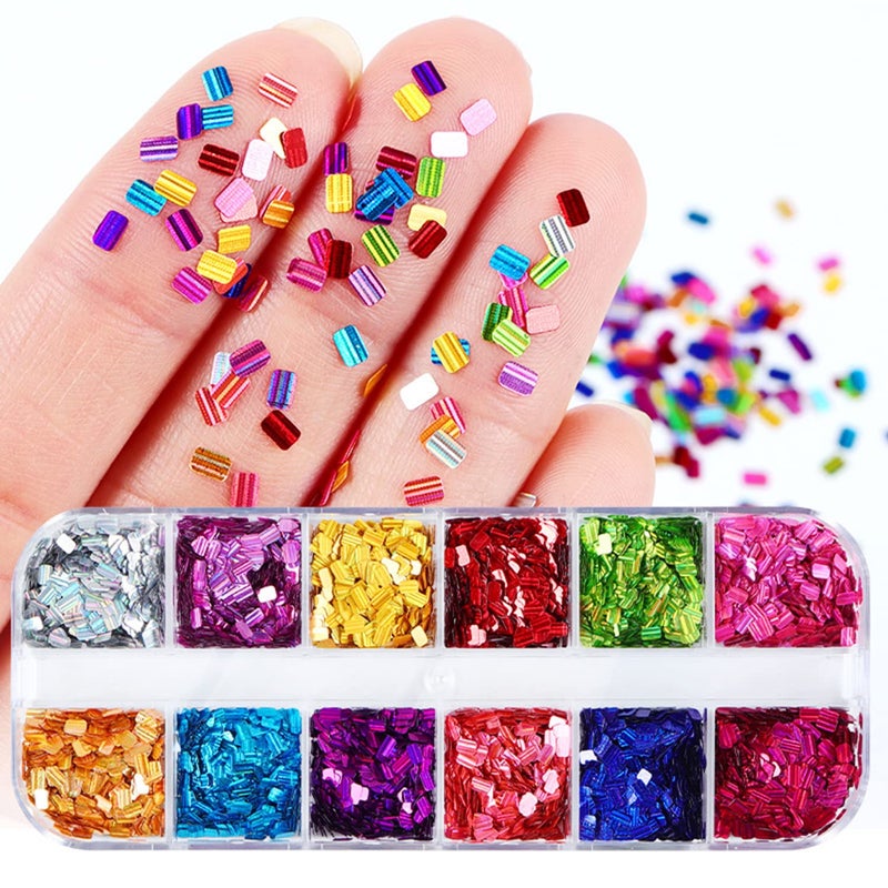 Vezocim Laser Square Glitter Nail Art Sequins, Holographic 3D 12 Colors Glitter Flakes Design, Rectangle Shape Nail Shiny Supplies for Women Girls Manicure Powder Charms Decorations, DIY Resin Nail Art Tips - Image 2
