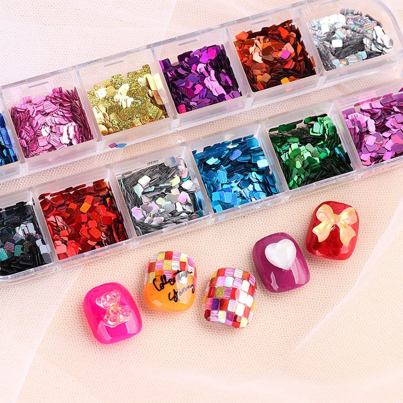 Vezocim Laser Square Glitter Nail Art Sequins, Holographic 3D 12 Colors Glitter Flakes Design, Rectangle Shape Nail Shiny Supplies for Women Girls Manicure Powder Charms Decorations, DIY Resin Nail Art Tips - Image 3