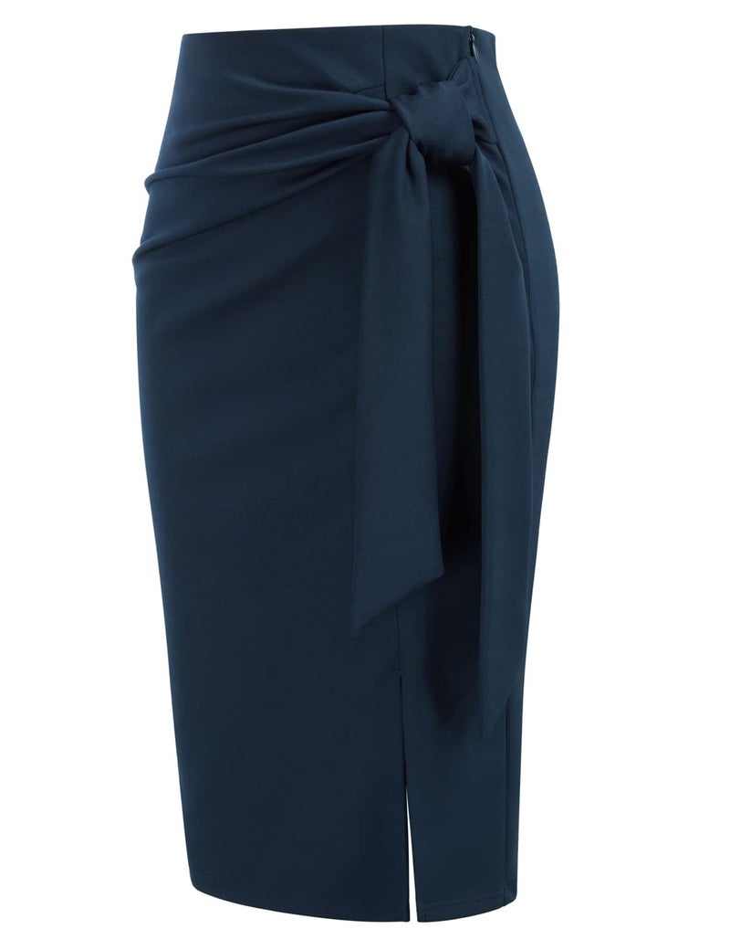 Kate Kasin Women's Elegant Skirt Elastic High Waist Bow Tie Knee Length Stretch Bodycon Pencil Skirts with Slit Navy Medium - Image 3