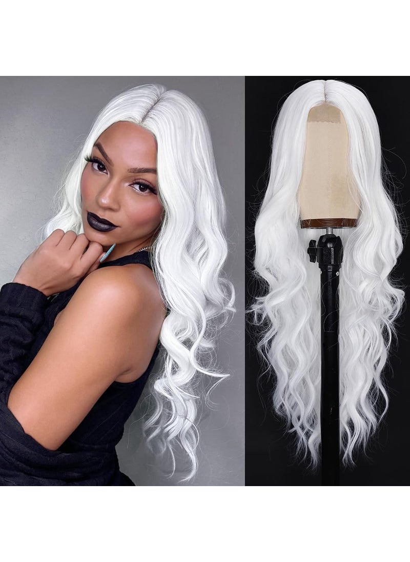 Colorful Queen - Colorful Queen White Wigs for Women 26 Inch White Long Wavy Wig Middle Part Glueless Lace Wig for Women Daily Party Use Halloween Cosplay - Image 1