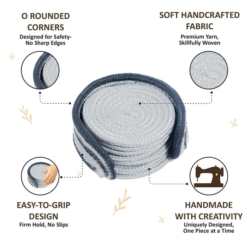 AURKA Handmade Cotton Coaster Set of 6 with Holder (Beige, 10 cm)|Round Braided Drink Mats for Hot & Cold Beverages|Eco-Friendly Absorbent Table Protectors|Decorative Tea, Coffee & Dining Coasters - Image 4