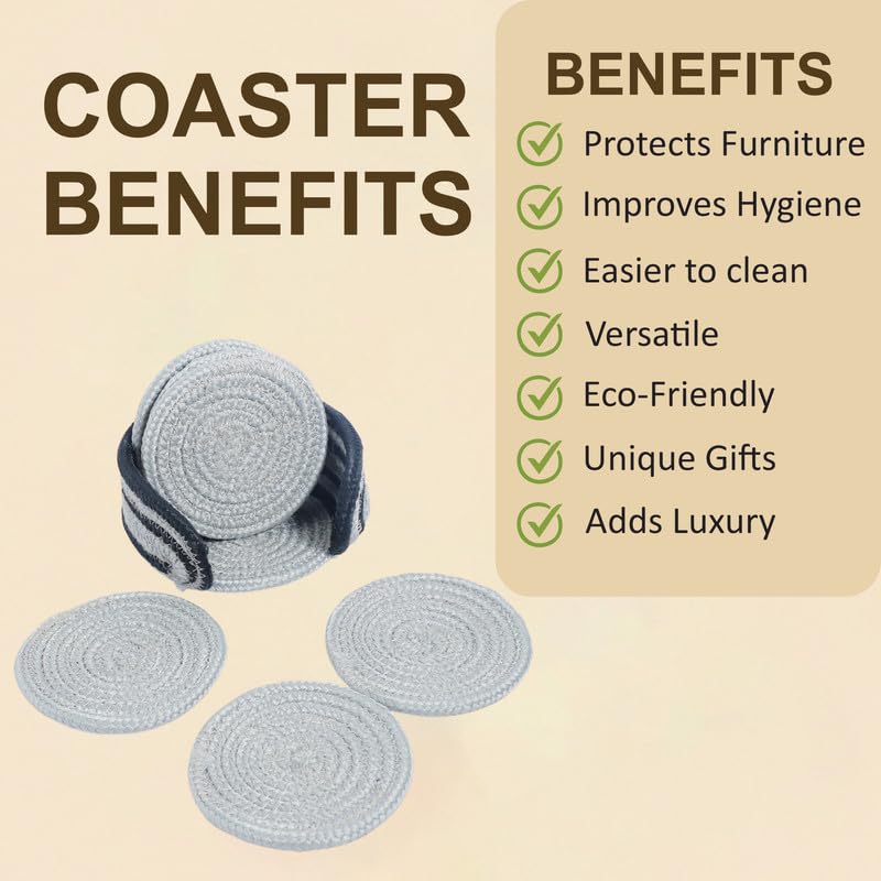 AURKA Handmade Cotton Coaster Set of 6 with Holder (Beige, 10 cm)|Round Braided Drink Mats for Hot & Cold Beverages|Eco-Friendly Absorbent Table Protectors|Decorative Tea, Coffee & Dining Coasters - Image 5