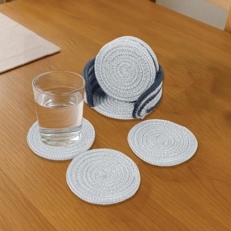 AURKA Handmade Cotton Coaster Set of 6 with Holder (Beige, 10 cm)|Round Braided Drink Mats for Hot & Cold Beverages|Eco-Friendly Absorbent Table Protectors|Decorative Tea, Coffee & Dining Coasters - Image 2