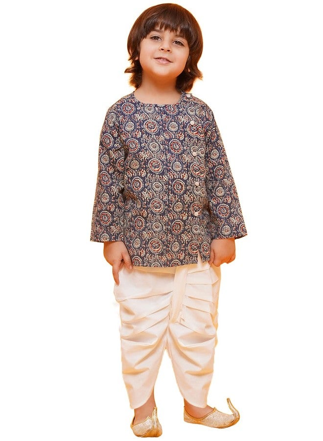 AJ Dezines طقم كورتا دهوتي أزرق مطبوع بتصميم تجريدي من القطن الخالص للأطفال - ملابس تقليدية | ملابس عرقية | ملابس مهرجانات للأولاد - مقاس عادي - Image 1