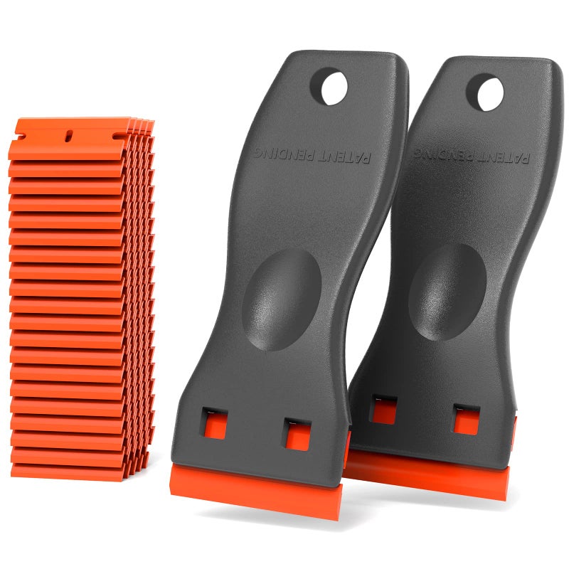 HELEMAN Plastic Razor Blades Scraper Tool - 2 Pack Wall Paint Remover with 100 PCS Blades Kit No Scratch Car Window Glass Wood Sticker Removal Floor Stove Kitchen Vinyl Adhesive Decal Tape Cleaning - Image 1