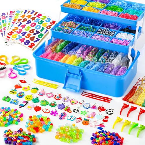 INSCRAFT 17500+ Rubber Loom Bands with 3 Layer Deep Blue Container, 28 Colors, 600 S-Clips, 352 Beads, 40 Cartoon Pendant, Bracelet Making Refill Kit for Kids - Image 1