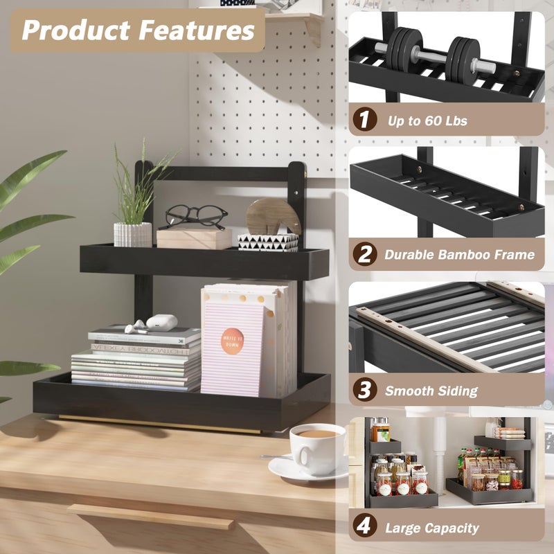 Wisuce Essentials Bamboo Under Sink Organizer and Storage, 2 Tier Pull Out Cabinet Organizer, Slide Out Under Sink Storage Shelf, Undersink Organizers Shelves for Kitchen Bathroom Organization (Black, 2 Packs) - Image 2