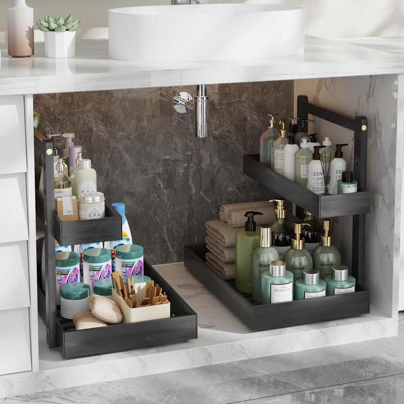 Wisuce Essentials Bamboo Under Sink Organizer and Storage, 2 Tier Pull Out Cabinet Organizer, Slide Out Under Sink Storage Shelf, Undersink Organizers Shelves for Kitchen Bathroom Organization (Black, 2 Packs) - Image 1