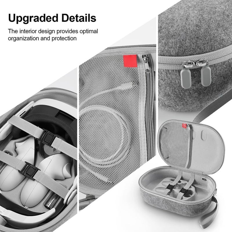VR Travel Case: Grey Hard Shell, Shock Absorbing, Custom Slots - Charging Port, Dual Zipper, Portable Storage for Meta Quest 3 Gamers Travel & Home Use - Image 3