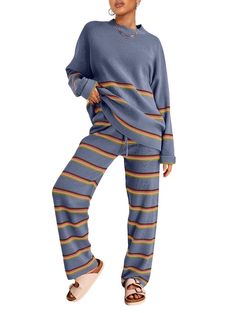 LILLUSORY 2 Piece Sets for Women 2025 Fall Outfits Two Piece Lounge Sets Sweatsuits Striped Knit Sweater Clothes Fashion StripesDustyBlue M - Image 1