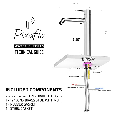 Pixaflo Brass Extended Hot & Cold Single Lever Basin Mixer Tall Boy with 24 inches Long Braided Hoses, Chrome (Florent) - Image 5