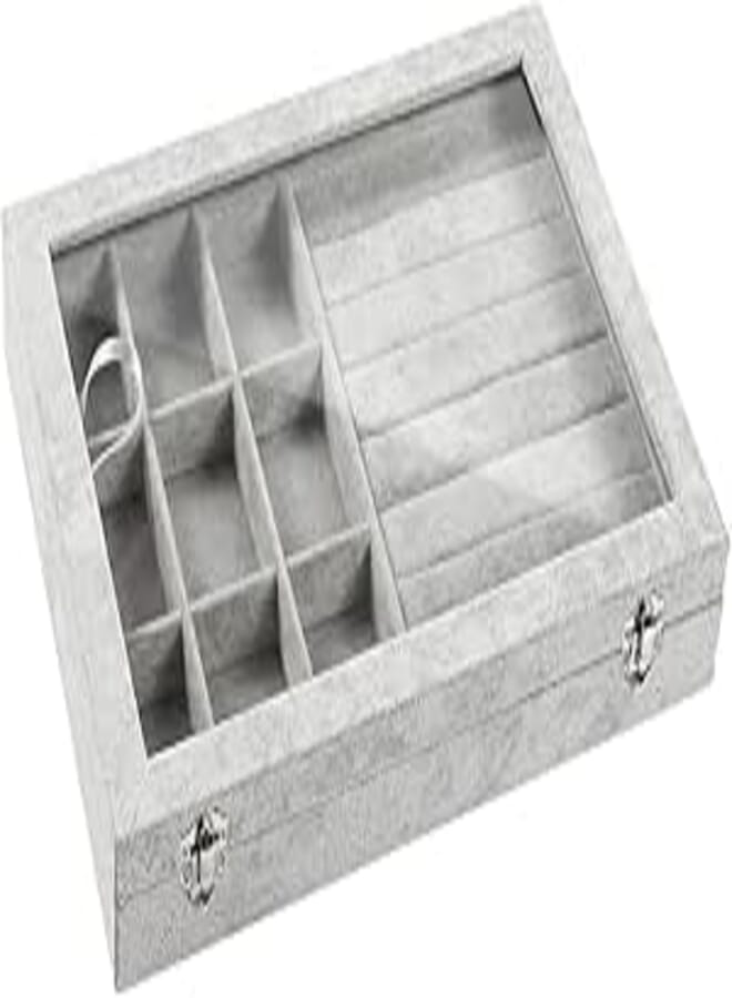 BucketList Women's Velvet Glass Ring Earrings Jewelry Box - Display Storage Showcase Holder Organizer (9 Grid 9 Rows Grey)