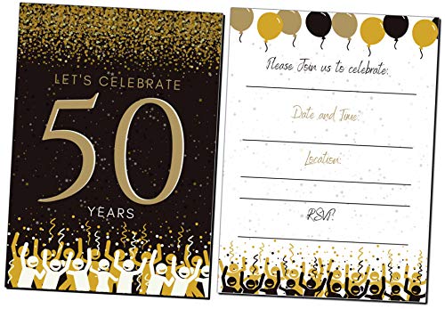Elcer 50th Birthday Party Invitations| 50 Years | Happy 50 Anniversary | Black and Gold | Confetti Streamers Party Invitations | Fill In Style | 20 Count with Envelopes | Surprise Party (Black) - Image 1