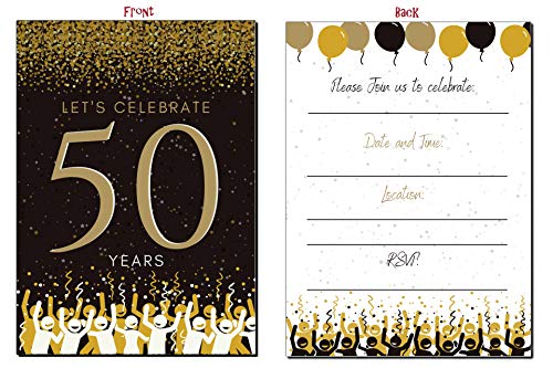 Elcer 50th Birthday Party Invitations| 50 Years | Happy 50 Anniversary | Black and Gold | Confetti Streamers Party Invitations | Fill In Style | 20 Count with Envelopes | Surprise Party (Black) - Image 3