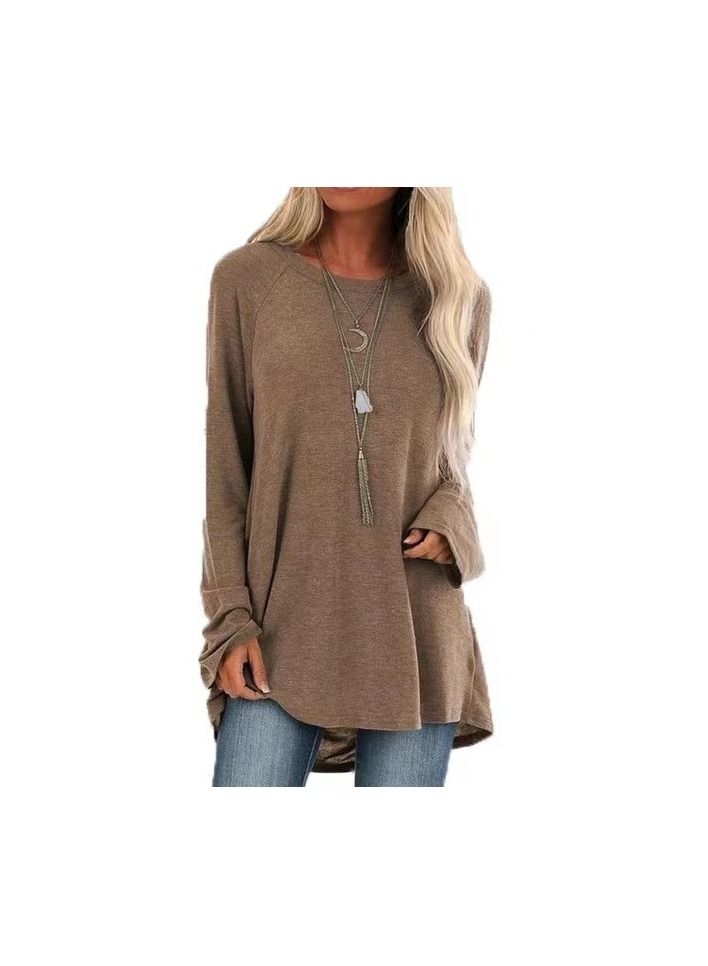 Loquat Solid Color Casual Medium Length Round Neck Long Sleeve Jumper T-shirt
