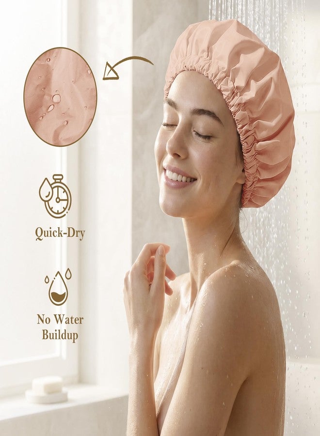 Edoneery Reusable Shower Cap for Women, Large Waterproof Shower Bonnet with Elastic Band, Washable Bath Hair Cap for Long, Curly Hair, Braids, Daily Shower, Home Spa, Travel(Peachy Pink - Image 2