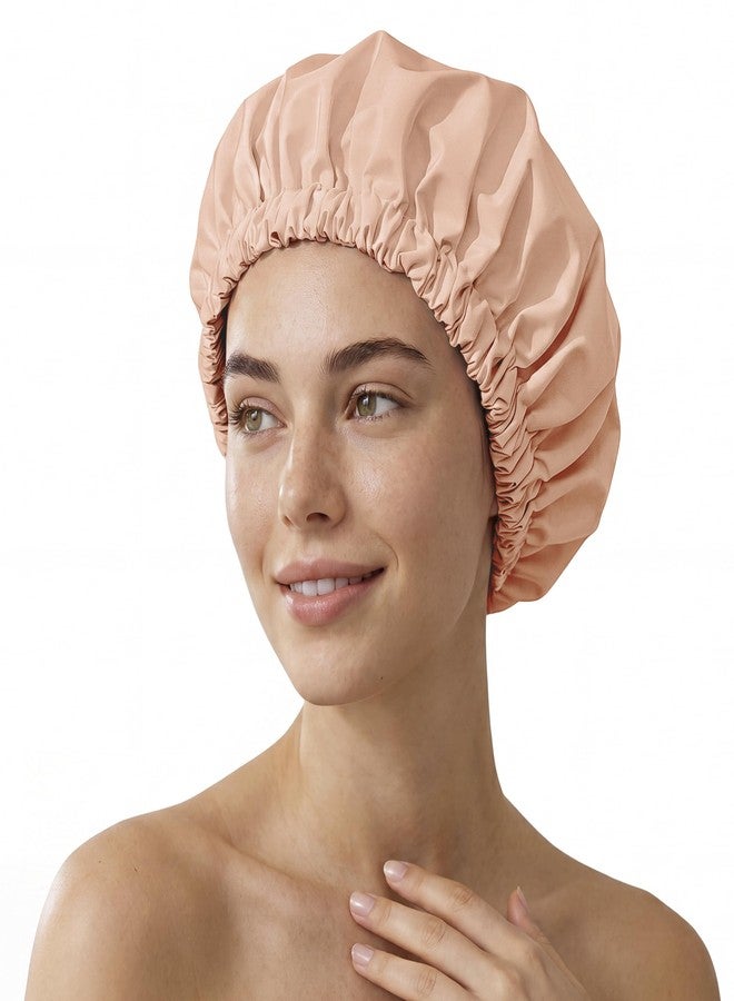 Edoneery Reusable Shower Cap for Women, Large Waterproof Shower Bonnet with Elastic Band, Washable Bath Hair Cap for Long, Curly Hair, Braids, Daily Shower, Home Spa, Travel(Peachy Pink - Image 1