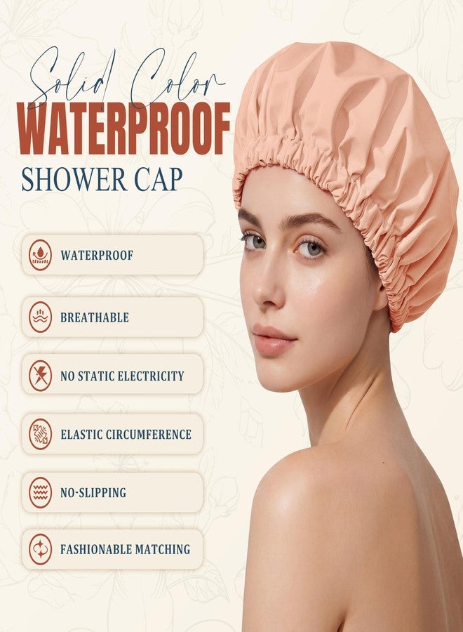 Edoneery Reusable Shower Cap for Women, Large Waterproof Shower Bonnet with Elastic Band, Washable Bath Hair Cap for Long, Curly Hair, Braids, Daily Shower, Home Spa, Travel(Peachy Pink - Image 3