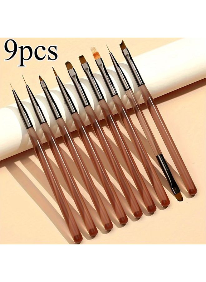 9 Pcs Transparent Brown Nail Art Brush Set with Dual Ended Cleaning Pen and Manicure Tools - Image 1