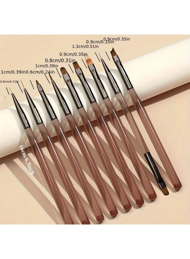 9 Pcs Transparent Brown Nail Art Brush Set with Dual Ended Cleaning Pen and Manicure Tools - Image 3