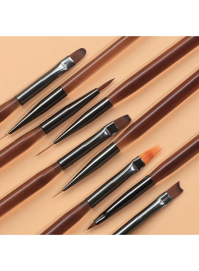 9 Pcs Transparent Brown Nail Art Brush Set with Dual Ended Cleaning Pen and Manicure Tools - Image 5