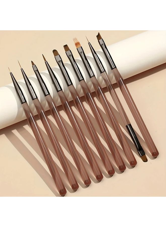 9 Pcs Transparent Brown Nail Art Brush Set with Dual Ended Cleaning Pen and Manicure Tools - Image 4