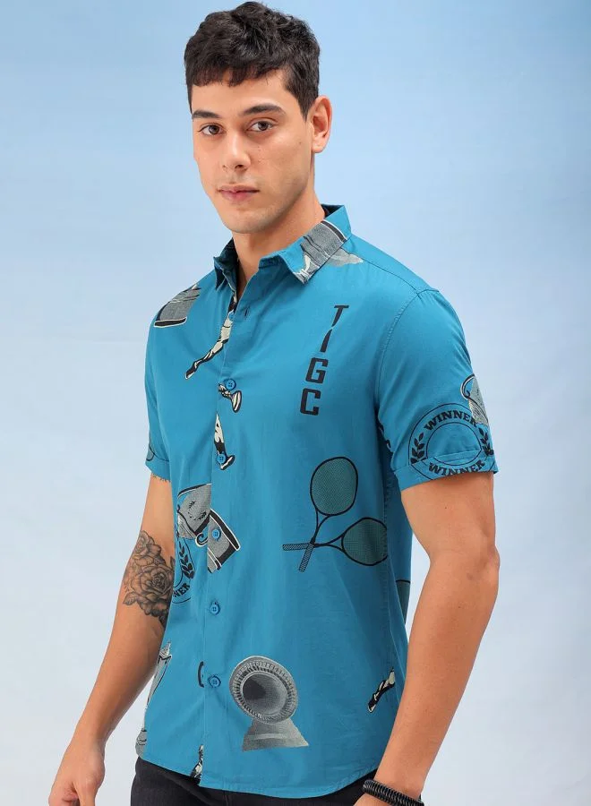 ذا انديان كراج كو Men Slim Fit Printed Half Sleeves Cutaway Collar Casual Shirt