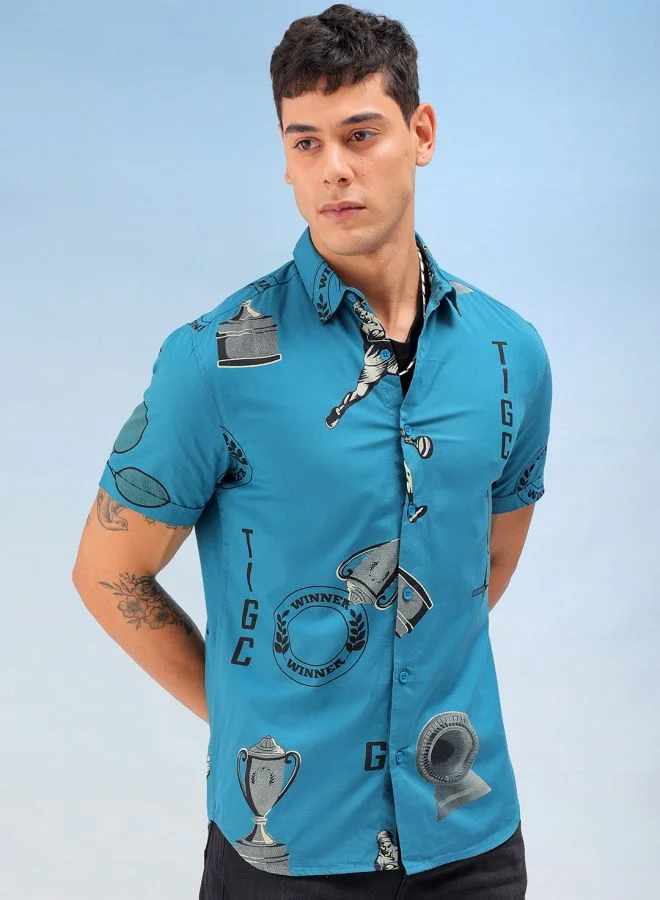 ذا انديان كراج كو Men Slim Fit Printed Half Sleeves Cutaway Collar Casual Shirt