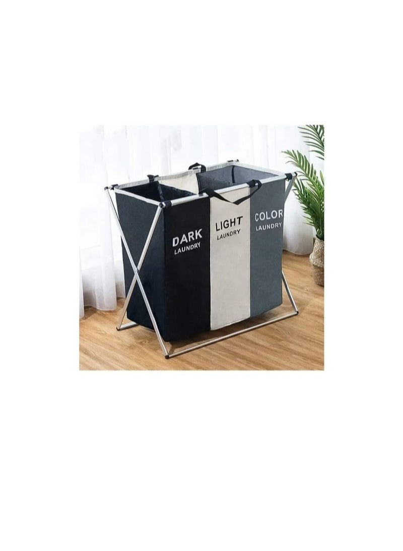 3-Section Laundry Hamper with Foldable Frame – Dark, Light & Color Clothes Sorter – Space-Saving Dirty Clothes Basket Organizer - Image 1