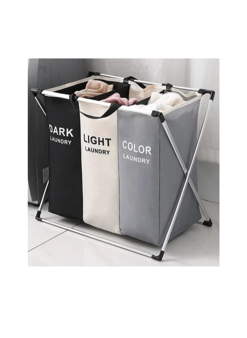 3-Section Laundry Hamper with Foldable Frame – Dark, Light & Color Clothes Sorter – Space-Saving Dirty Clothes Basket Organizer - Image 2