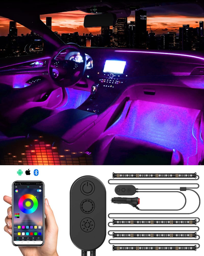 SUNPIE Car LED Lights Interior, RGB Universal LED Strip Smart Lighting w/Multi-Color App Control Waterproof LED Atmosphere Car Lights w/48 LED Chip 8.8ft Length and DC 12V Car Charger Sync to Music - Image 1