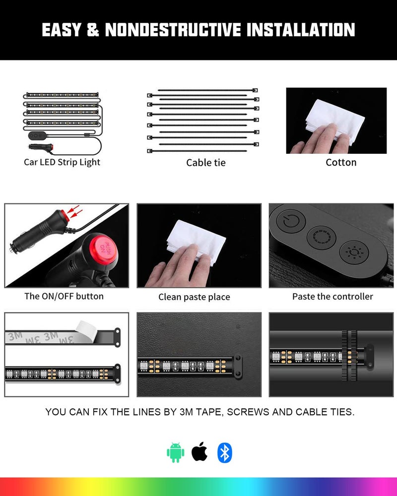 SUNPIE Car LED Lights Interior, RGB Universal LED Strip Smart Lighting w/Multi-Color App Control Waterproof LED Atmosphere Car Lights w/48 LED Chip 8.8ft Length and DC 12V Car Charger Sync to Music - Image 4
