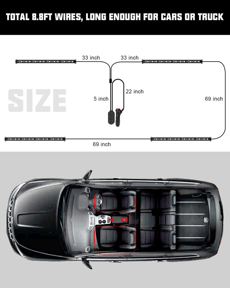 SUNPIE Car LED Lights Interior, RGB Universal LED Strip Smart Lighting w/Multi-Color App Control Waterproof LED Atmosphere Car Lights w/48 LED Chip 8.8ft Length and DC 12V Car Charger Sync to Music - Image 3