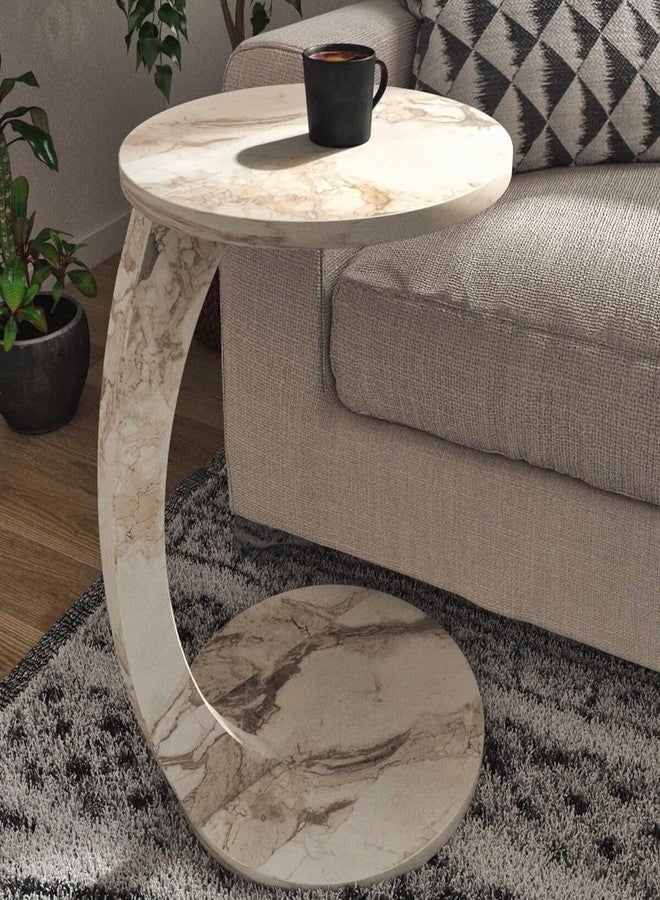 Furpinea C Shaped End Table for Couch Small Places, Faux Marble Engineered Wood Space Saver Round Side Table for Sofa and Bedside with Wheels, Coffee and Snack Time Tray for Living Room (White Marble) - Image 1