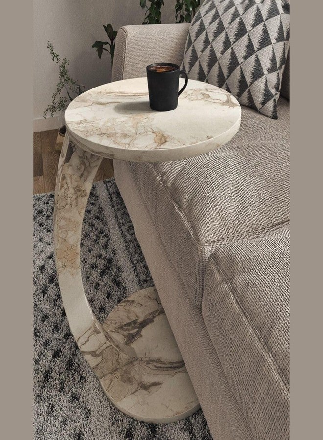 Furpinea C Shaped End Table for Couch Small Places, Faux Marble Engineered Wood Space Saver Round Side Table for Sofa and Bedside with Wheels, Coffee and Snack Time Tray for Living Room (White Marble) - Image 4