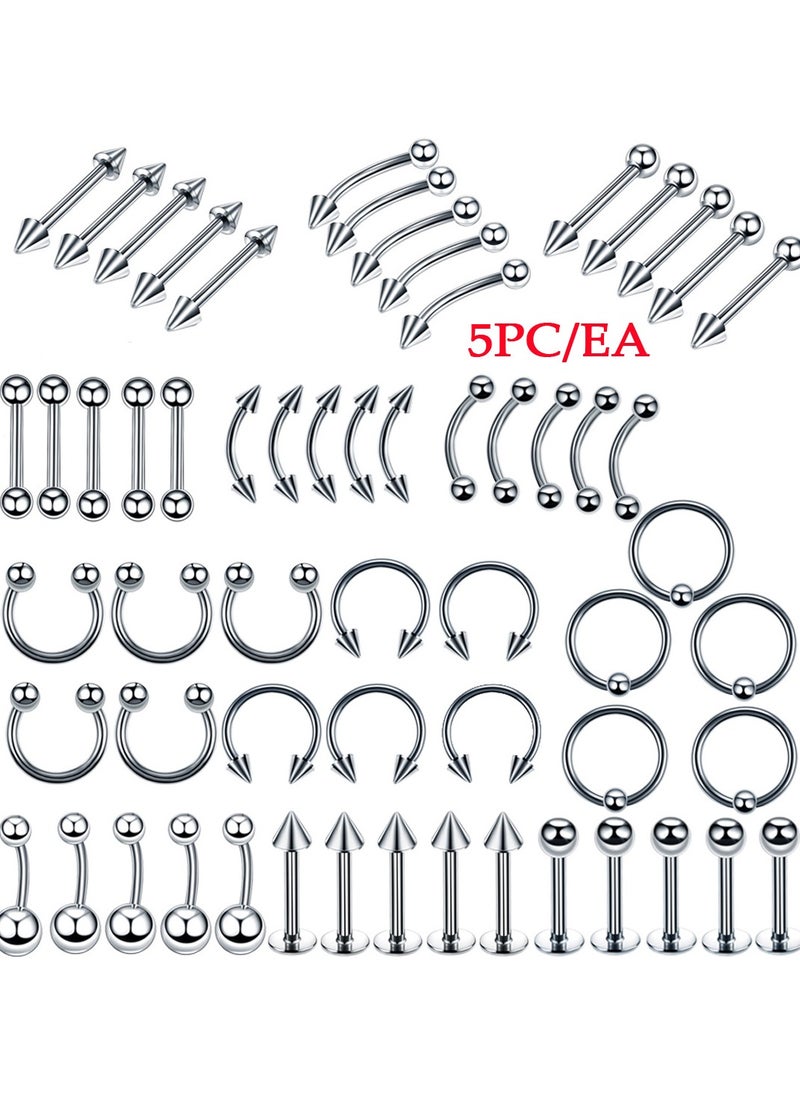 Captaintech Piercing Kit 14G, 100Pcs 16G Nose Septum Rings Piercing Jewelry for Ear Lip Belly Button Tongue Tragus Cartilage Body Piercing Tools Kit with Piercing Needle Silver  - Image 2