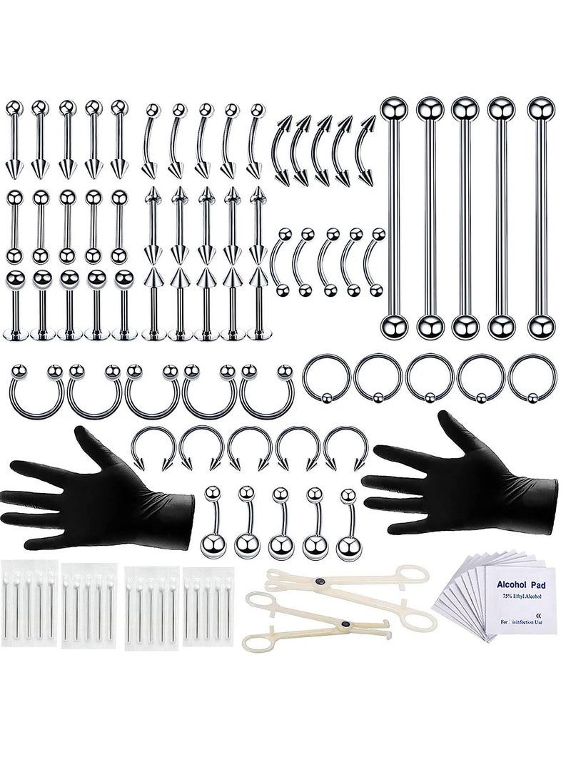 Captaintech Piercing Kit 14G, 100Pcs 16G Nose Septum Rings Piercing Jewelry for Ear Lip Belly Button Tongue Tragus Cartilage Body Piercing Tools Kit with Piercing Needle Silver  - Image 1