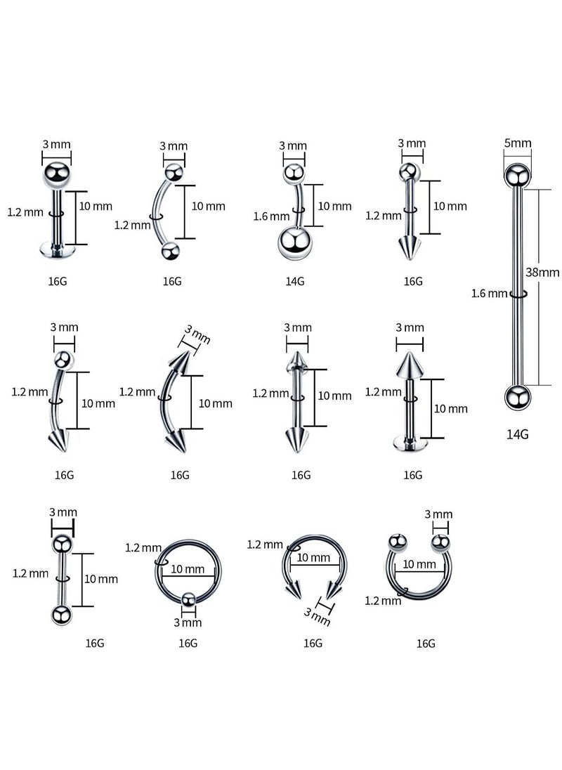 Captaintech Piercing Kit 14G, 100Pcs 16G Nose Septum Rings Piercing Jewelry for Ear Lip Belly Button Tongue Tragus Cartilage Body Piercing Tools Kit with Piercing Needle Silver  - Image 4