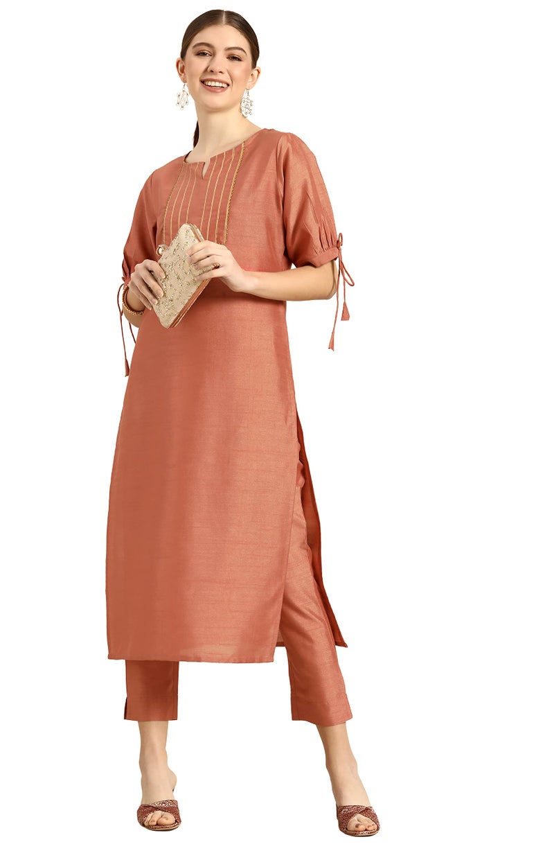 Janasya Women's Peach Poly Silk Embellished Kurta with Pant(SET324-KR-NP-J-XXL) - Image 1