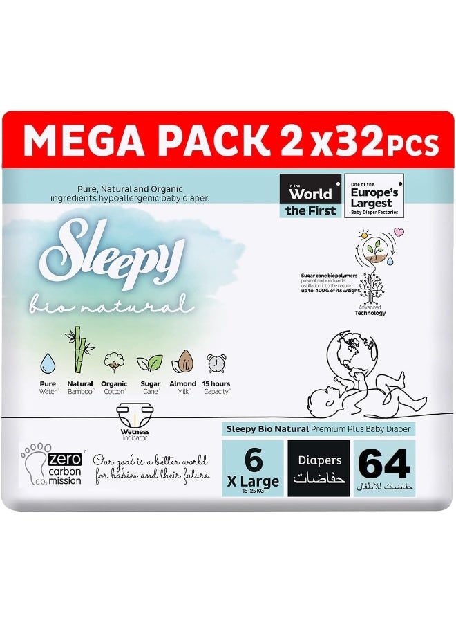 Sleepy حفاضات بيولوجية طبيعية حجم 6، 64 قطعة، 2 × 32 حفاضات جافة للأطفال، 15-25 كجم، مضادة للحساسية، قائمة على الماء، حليب لوز، نباتية، 100% مانعة للتسرب - Image 1
