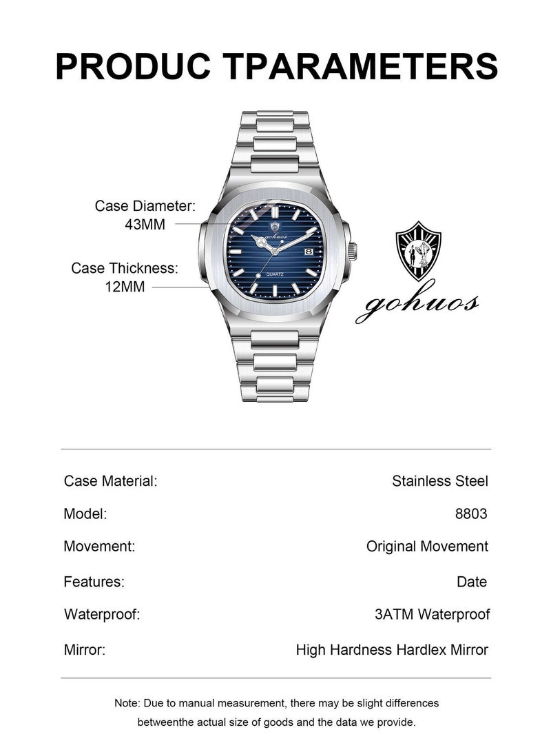 جوهوس ساعة رجالية تناظرية للأعمال - فولاذ مقاوم للصدأ، مقاومة للماء حتى 3ATM، عرض التاريخ، ساعة يد بيضاء 43 مم - Image 5