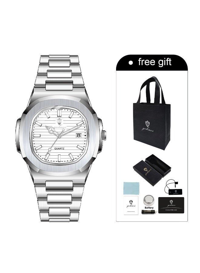 جوهوس ساعة رجالية تناظرية للأعمال - فولاذ مقاوم للصدأ، مقاومة للماء حتى 3ATM، عرض التاريخ، ساعة يد بيضاء 43 مم - Image 2