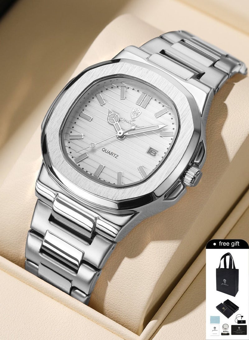 جوهوس ساعة رجالية تناظرية للأعمال - فولاذ مقاوم للصدأ، مقاومة للماء حتى 3ATM، عرض التاريخ، ساعة يد بيضاء 43 مم - Image 1