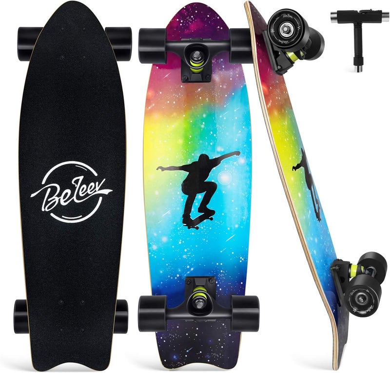 BELEEV Cruiser Skateboards for Beginners, 27 x 8 inch Complete Skateboard for Kids Teens Adults, 7 Ply Canadian Maple Double Kick Deck Concave Skateboard with Skate T-Tool - Image 1