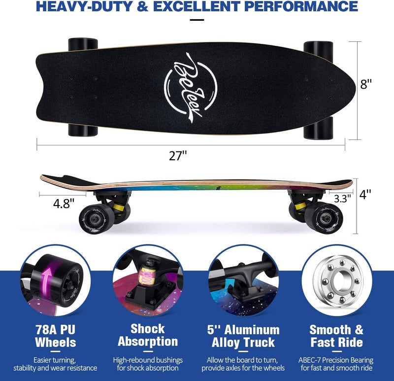 BELEEV Cruiser Skateboards for Beginners, 27 x 8 inch Complete Skateboard for Kids Teens Adults, 7 Ply Canadian Maple Double Kick Deck Concave Skateboard with Skate T-Tool - Image 5