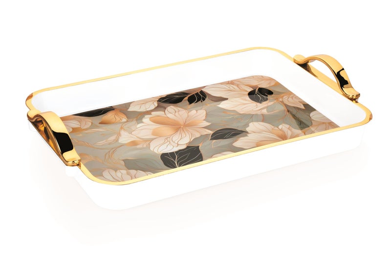 Nabhya Flower Printed Serving Tray Plastic Material BPA Free Tray with Handle for Tea,Coffee,Snack,Kitchen & Dining Table Home Décor (Beige, Medium) - Image 1
