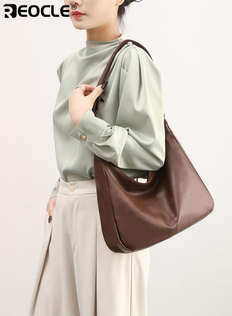 REOCLE Women's Ultra Soft Foldable Hobo Bag with Faux Leather Stylish Slouchy Shoulder Tote Purse for Daily Use Medium-Sized - Image 2