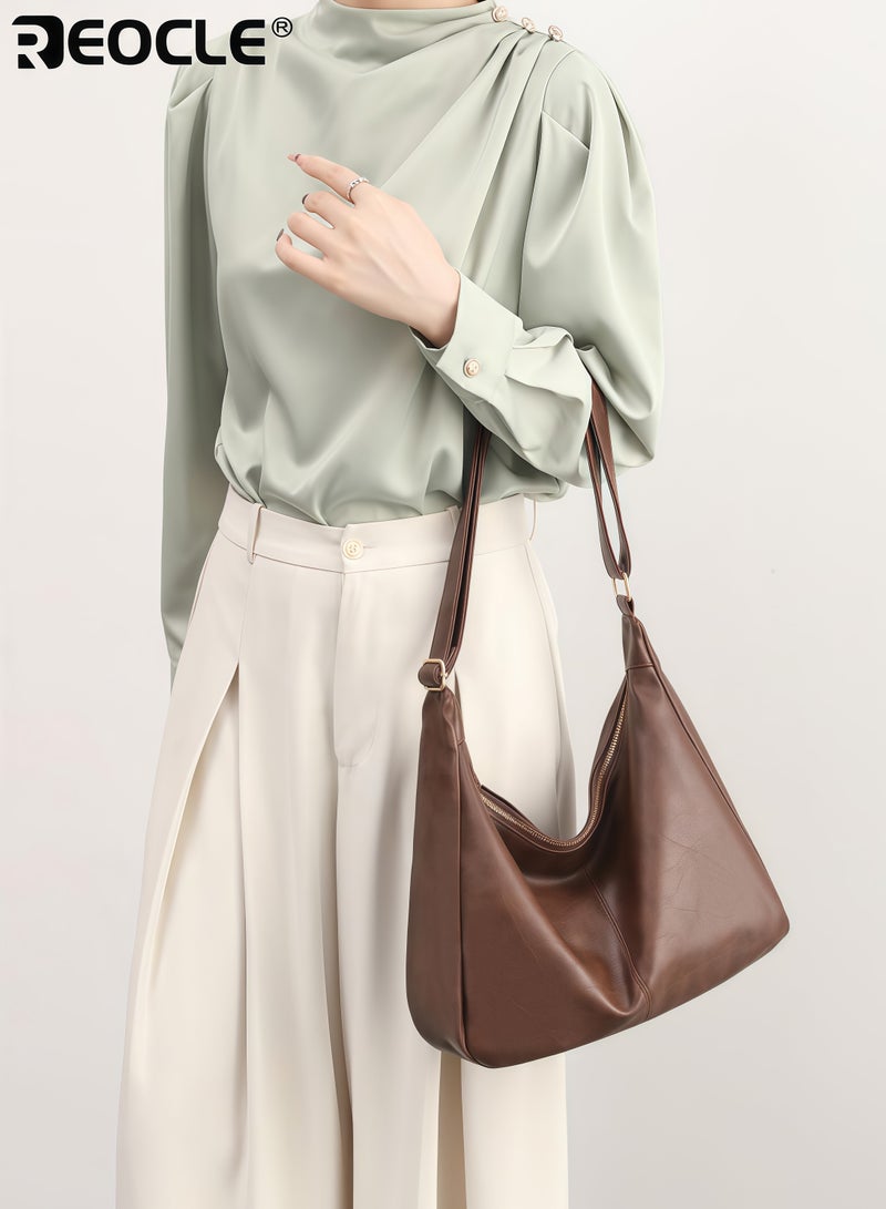 REOCLE Women's Ultra Soft Foldable Hobo Bag with Faux Leather Stylish Slouchy Shoulder Tote Purse for Daily Use Medium-Sized - Image 3