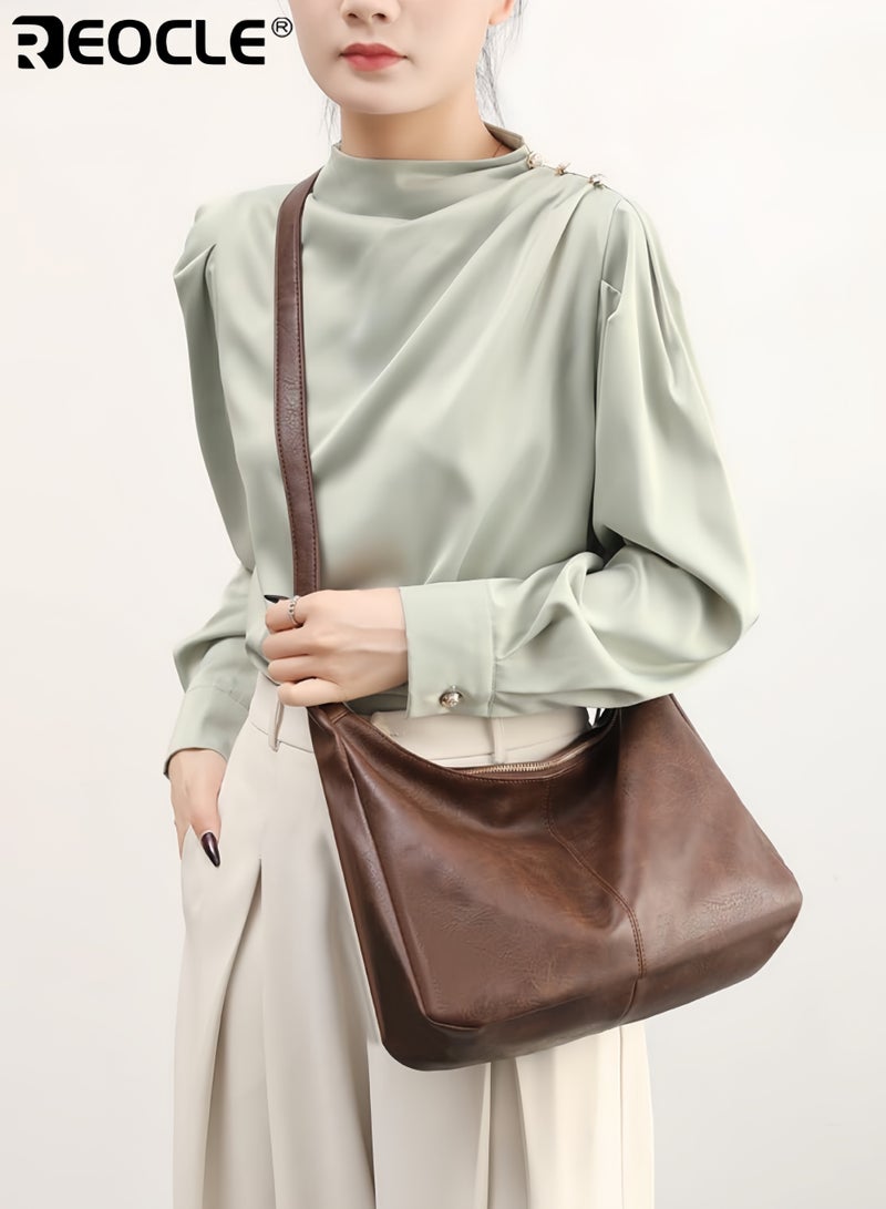 REOCLE Women's Ultra Soft Foldable Hobo Bag with Faux Leather Stylish Slouchy Shoulder Tote Purse for Daily Use Medium-Sized - Image 1