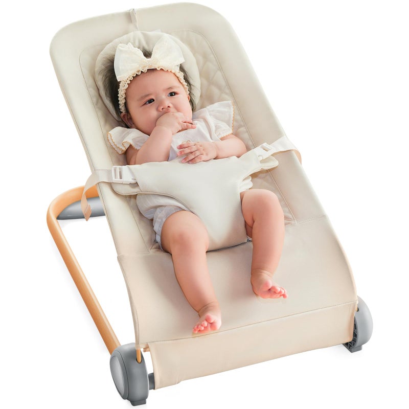 Fodoss Baby Bouncer, Portable Bouncer Seat for Babies, Ergonomic Design Baby Bouncer Chair, Baby Bassinet for Infants, Beige - Image 1